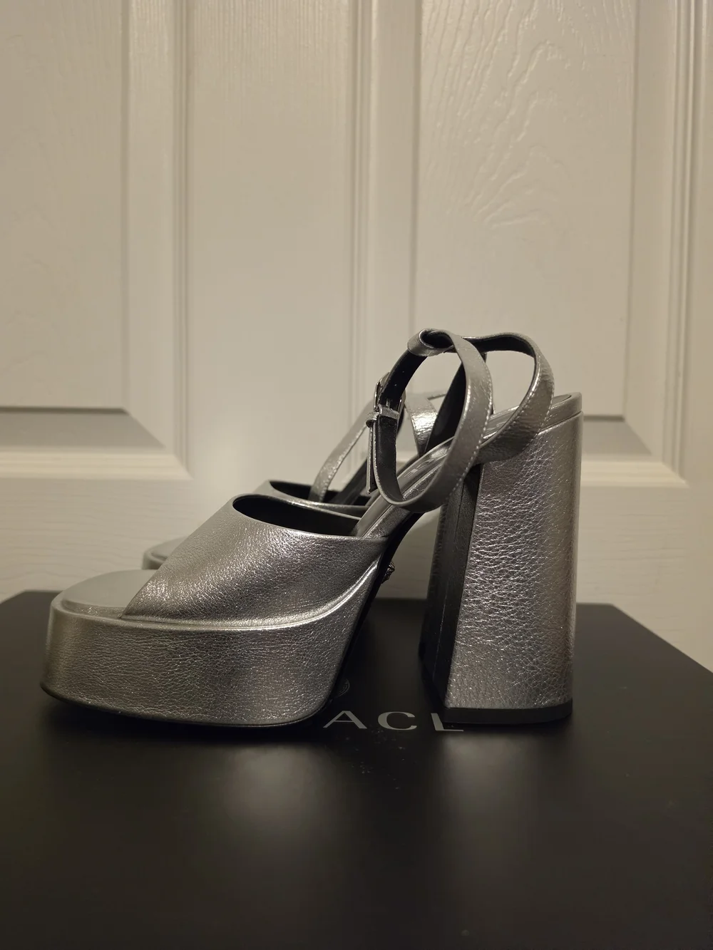 Versace Metallic Silver Platform Block-Heel Sandals 37